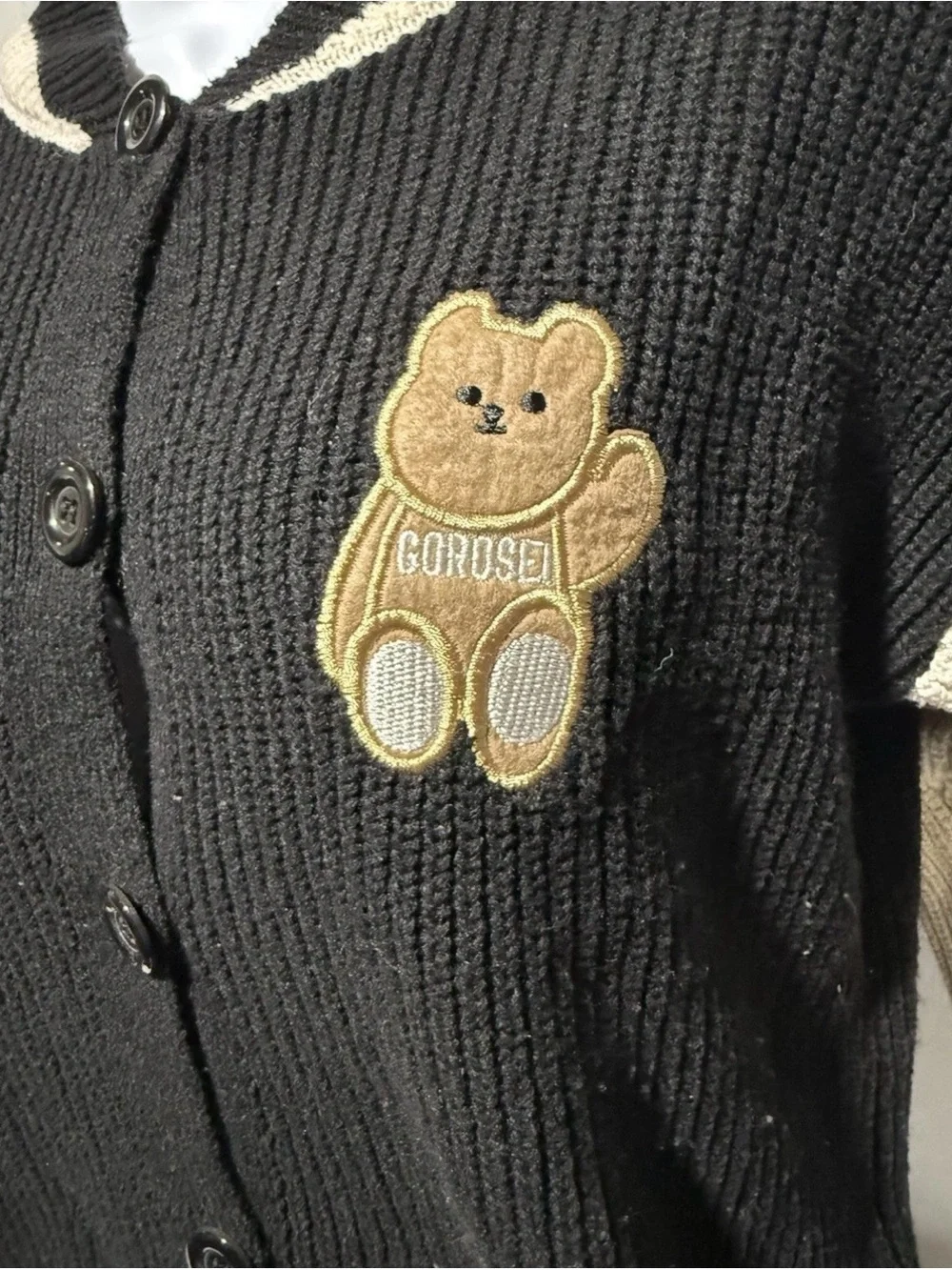 Black & Cream Teddy Patch Button-Up Cardigan Sweater
